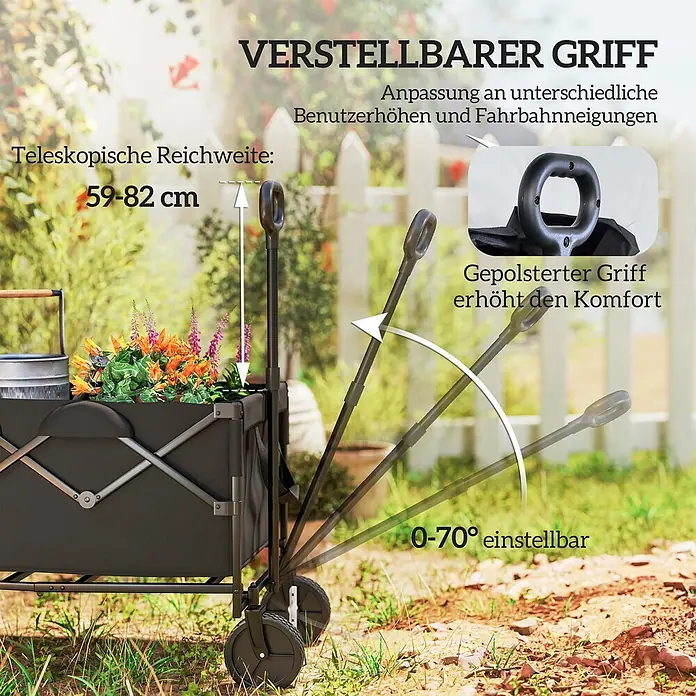 Outsunny Bollerwagen - L x B x H: 95 x 55 x 102 cm, Traglast: 100 kg, Stahl - Schwarzer klappbarer Bollerwagen mit verstellbarem, gepolstertem Griff (59-82 cm teleskopierbar, 0-70° neigbar).
