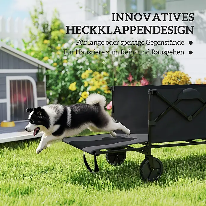 Outsunny Bollerwagen - L x B x H: 95 x 55 x 102 cm, Traglast: 100 kg, Stahl - Schwarzer Faltbollerwagen mit Hund, der auf die heruntergeklappte Heckklappe springt, ideal für Haustiere und sperrige Gegenstände.