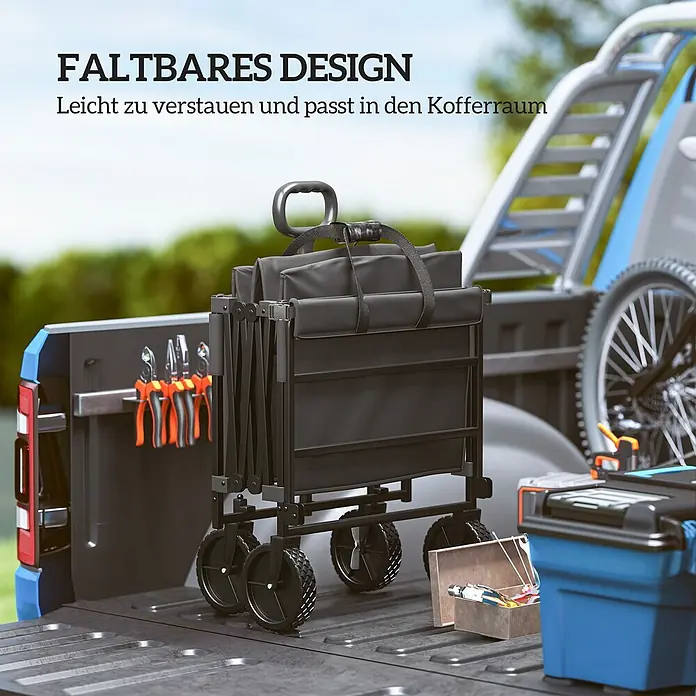 Outsunny Bollerwagen - L x B x H: 95 x 55 x 102 cm, Traglast: 100 kg, Stahl - Schwarzer faltbarer Bollerwagen, kompakt in einer Ladefläche verstaut, betont einfache Lagerung.