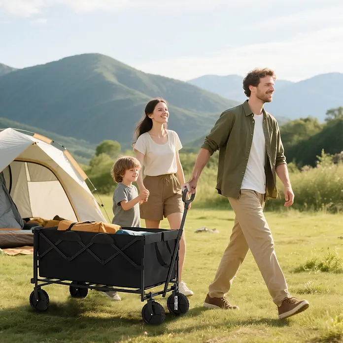 Outsunny Bollerwagen - L x B x H: 95 x 55 x 102 cm, Traglast: 100 kg, Stahl - Schwarzer faltbarer Bollerwagen, von einer Familie auf einem Campingplatz gezogen, gefüllt mit Campingausrüstung.