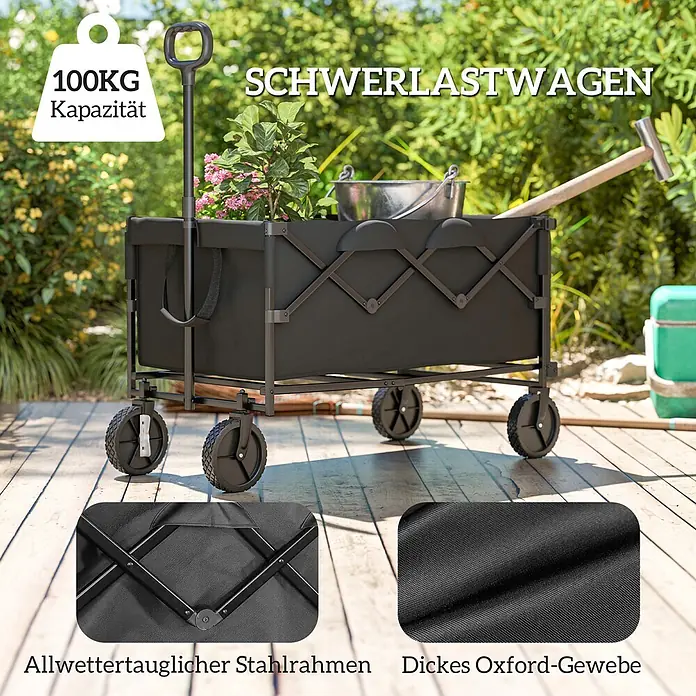 Outsunny Bollerwagen - L x B x H: 95 x 55 x 102 cm, Traglast: 100 kg, Stahl - Schwarzer Schwerlast-Faltwagen mit 100 kg Kapazität, wetterfestem Stahlrahmen und dickem Oxford-Gewebe.