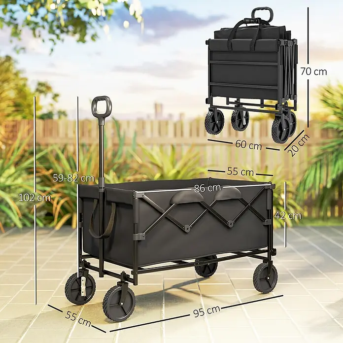 Outsunny Bollerwagen - L x B x H: 95 x 55 x 102 cm, Traglast: 100 kg, Stahl - Schwarzer klappbarer Bollerwagen, entfaltet (95x55x102 cm) und zusammengeklappt (60x20x70 cm) mit Maßen in einem Garten.