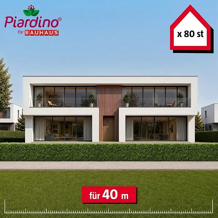 Piardino Lebensbaum Smaragd - 120 cm - 140 cm, Thuja occidentalis 'Smaragd', 80 Stk. - Piardino by Bauhaus grüne Hecke, 80 Stück für 40 Meter, vor modernen Häusern.