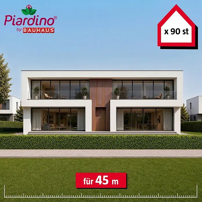 Lebensbaum Brabant - 90 Stk., Aktuelle Wuchshöhe: 100 cm - 120 cm, Thuja occidentalis 'Brabant' - Piardino Heckenpflanzen (90 Stück) bilden eine 45 m lange Hecke vor einem modernen Haus.