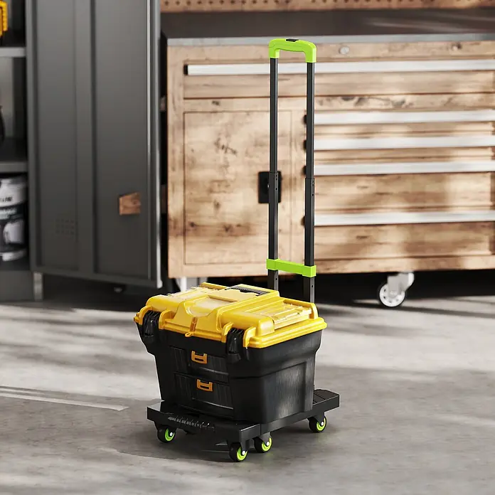 Homcom Transportroller klappbar - Traglast: 200 kg, Metall - Schwarzer und gelber mobiler Werkzeugkasten mit neongrünen Akzenten und ausziehbarem Griff auf Rollen in einer Werkstatt.