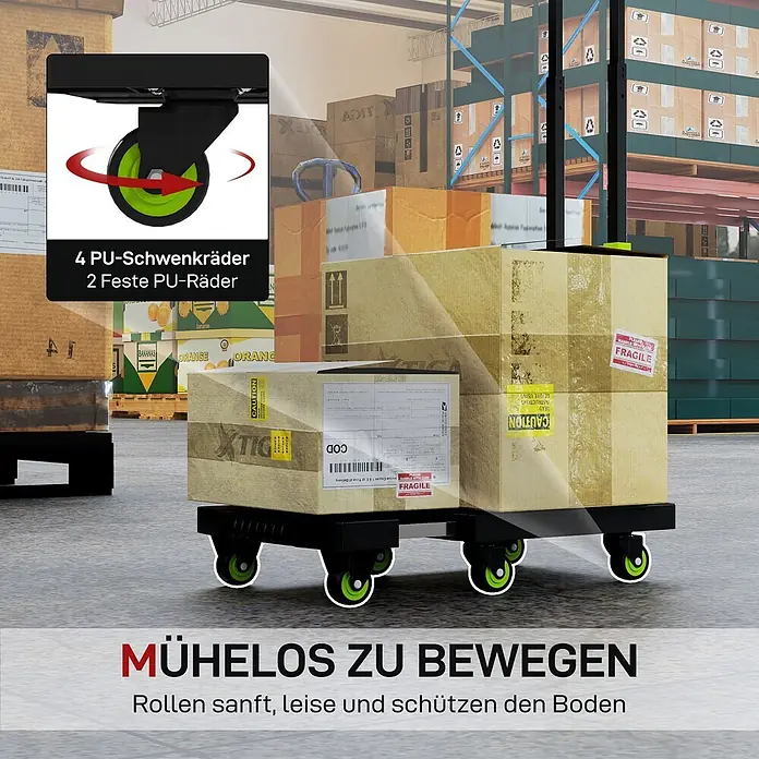 Homcom Transportroller klappbar - Traglast: 200 kg, Metall - Schwarzer Rollwagen mit grünen PU-Rädern bewegt Kartons im Lager; 4 Lenkrollen, 2 Bockrollen.