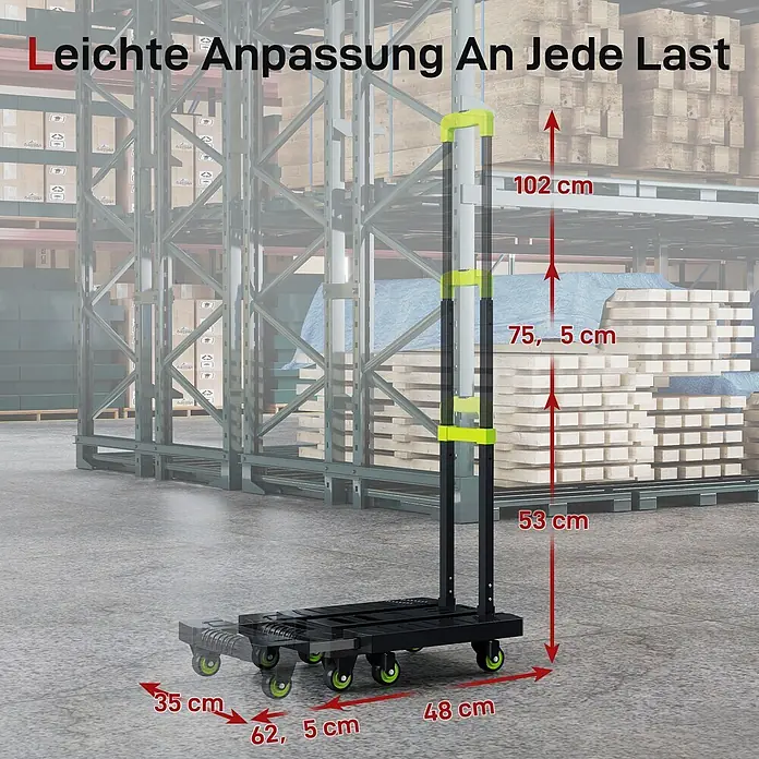 Homcom Transportroller klappbar - Traglast: 200 kg, Metall - Schwarzer und neongrüner verstellbarer, klappbarer Sackkarren im Lager, zeigt Maße zur Lastenanpassung.