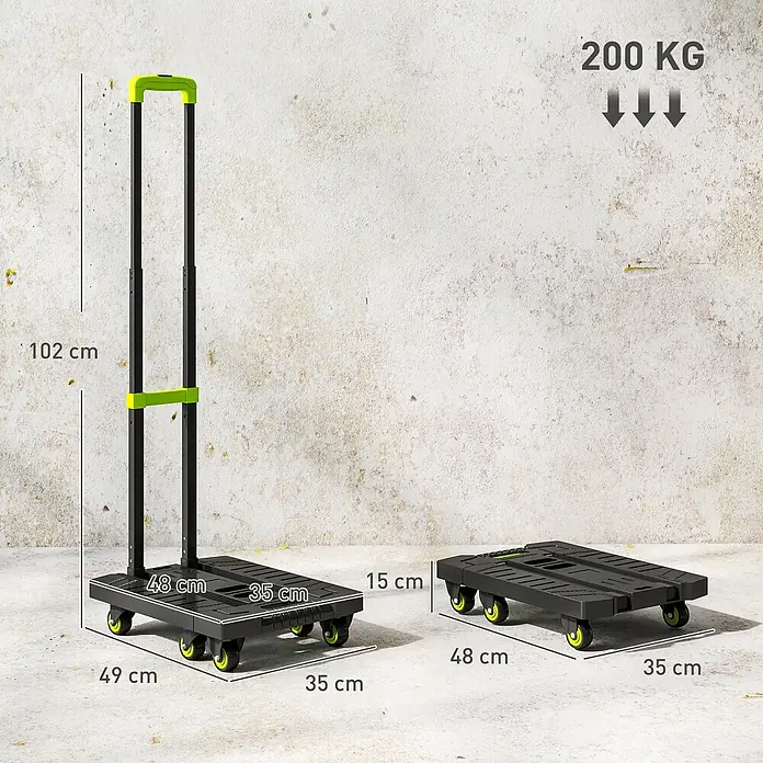 Homcom Transportroller klappbar - Traglast: 200 kg, Metall - Schwarzer klappbarer Rollwagen mit neongrünen Akzenten, ausgefahren (102 cm hoch) und flach zusammengeklappt, zeigt 200 kg Traglast und Maße.