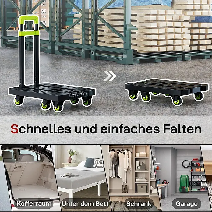 Homcom Transportroller klappbar - Traglast: 200 kg, Metall - Schwarze faltbare Sackkarre mit neongrünen Rollen und Griff, entfaltet, gefaltet und kompakt im Kofferraum, unter dem Bett, im Schrank und in der Garage verstaut.