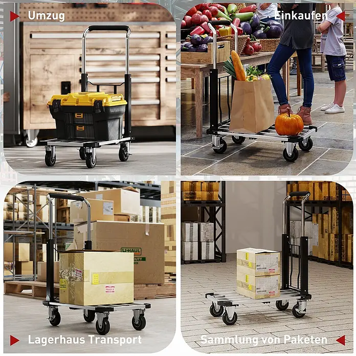 Homcom Transportroller - Traglast: 150 kg, Aluminium - Faltbare schwarze und silberne Sackkarre zum vielseitigen Transport von Werkzeugkisten, Lebensmitteln und Paketen.