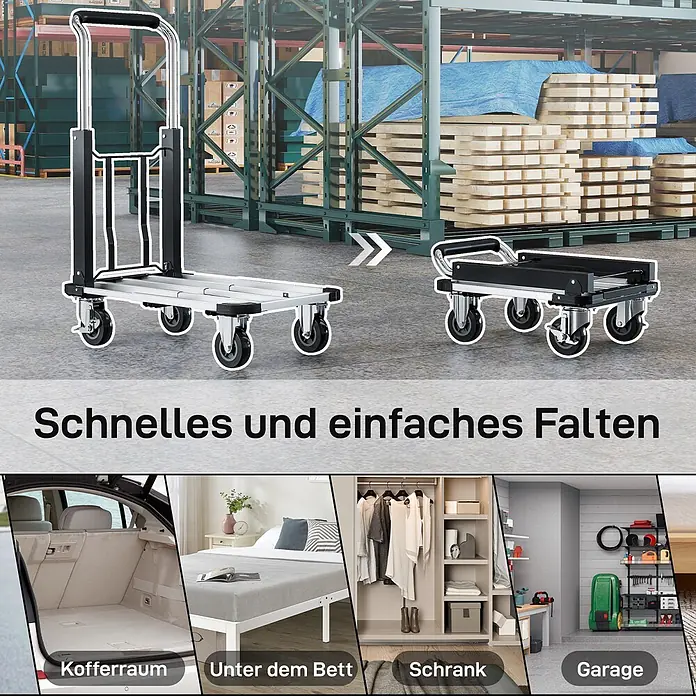 Homcom Transportroller - Traglast: 150 kg, Aluminium - Schwarz-silberner faltbarer Rollwagen, offen und zusammengeklappt, zeigt kompaktes Design zur Lagerung auf engem Raum.