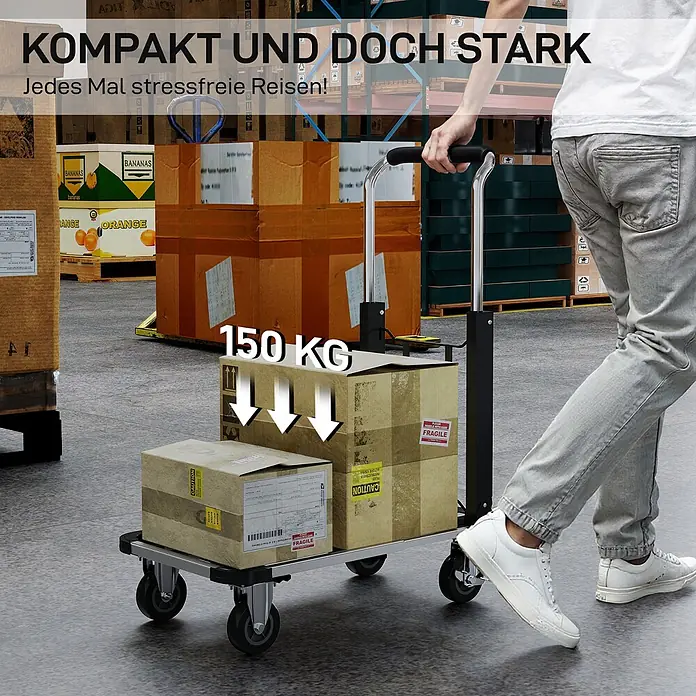 Homcom Transportroller - Traglast: 150 kg, Aluminium - Silberner und schwarzer Klapp-Handwagen transportiert zwei Kartons in einem Lager, demonstriert 150 kg Tragfähigkeit.