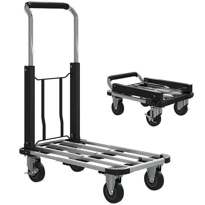 Homcom Transportroller - Traglast: 150 kg, Aluminium - Klappbarer, schwarz-silberner Plattformwagen, ausgeklappt und kompakt dargestellt.