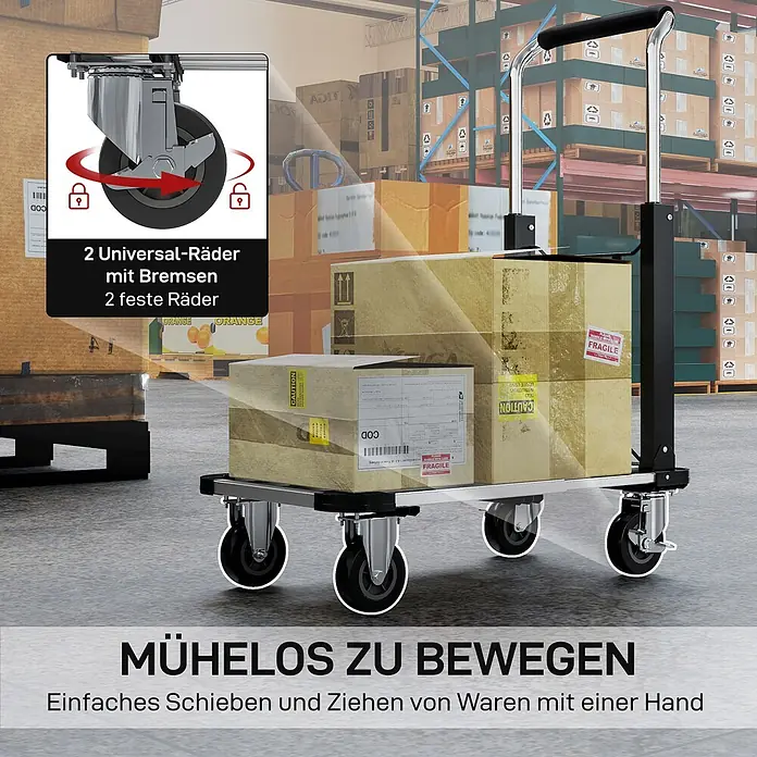 Homcom Transportroller - Traglast: 150 kg, Aluminium - Silberner Plattformwagen bewegt Kartons im Lager. Verfügt über 2 Universalräder mit Bremsen und 2 feste Räder für einfachen Einhandtransport.