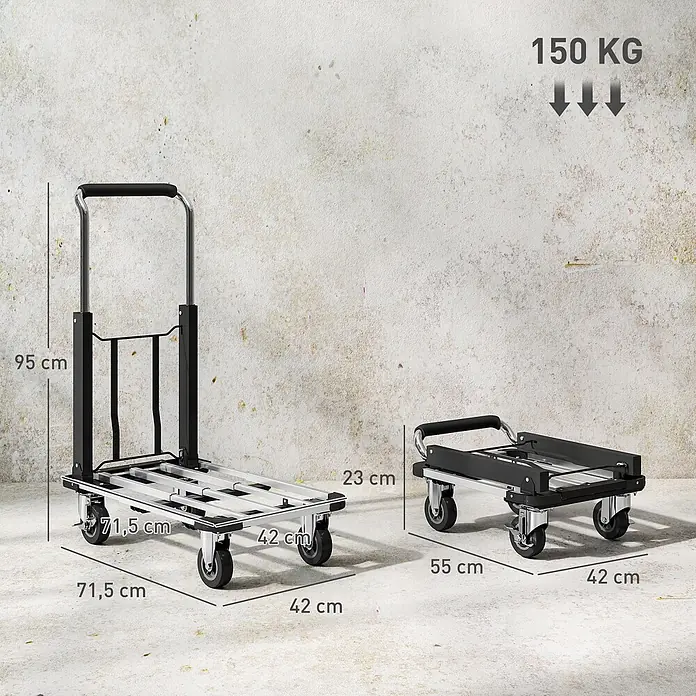 Homcom Transportroller - Traglast: 150 kg, Aluminium - Schwarzer und silberner faltbarer Transportwagen, ausgeklappt (95x71,5x42 cm) und zusammengeklappt (23x55x42 cm) gezeigt, 150 kg Tragkraft.