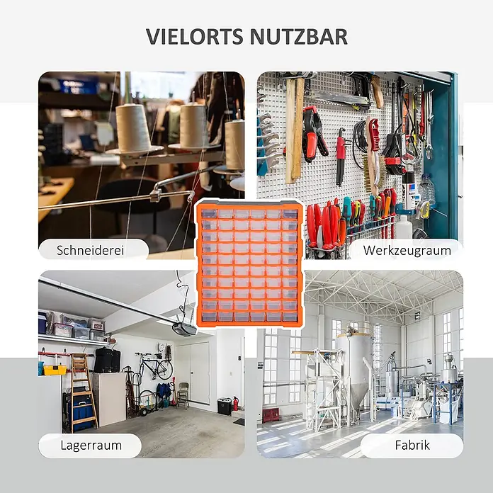 Homcom Organizer - Orange, Schwarz - Oranger Mehrfach-Organizer mit transparenten Fächern, der in Schneiderei, Werkzeugraum, Lagerraum und Fabrik seine vielseitige Nutzung zeigt.