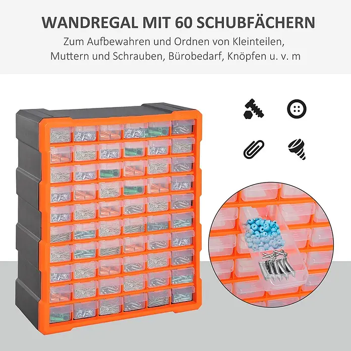 Homcom Organizer - Orange, Schwarz - Orange-graues Wandregal mit 60 transparenten Schubfächern, gefüllt mit Kleinteilen, Schrauben und Perlen zur Aufbewahrung.