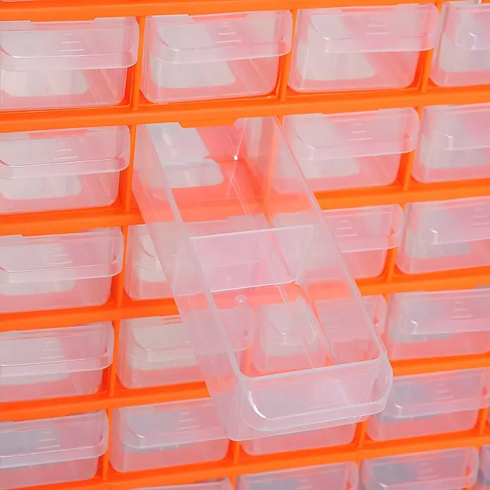 Homcom Organizer - Orange, Schwarz - Oranger Kunststoff-Organizer mit mehreren transparenten Auszugsfächern, eines davon ausgezogen.