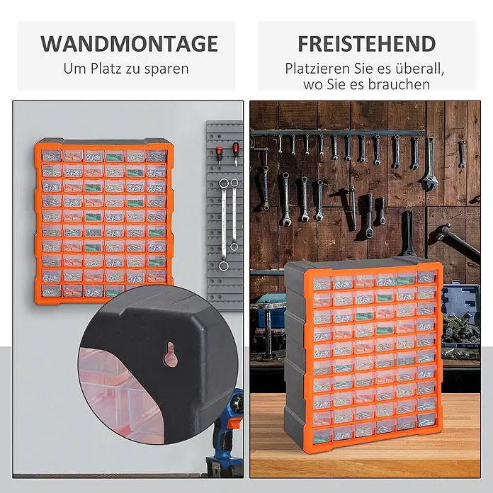 Homcom Organizer - Orange, Schwarz - Oranger und grauer Multi-Schubladen-Organizer mit Klarsichtfächern, wandmontiert und freistehend zur Aufbewahrung von Kleinteilen wie Schrauben.