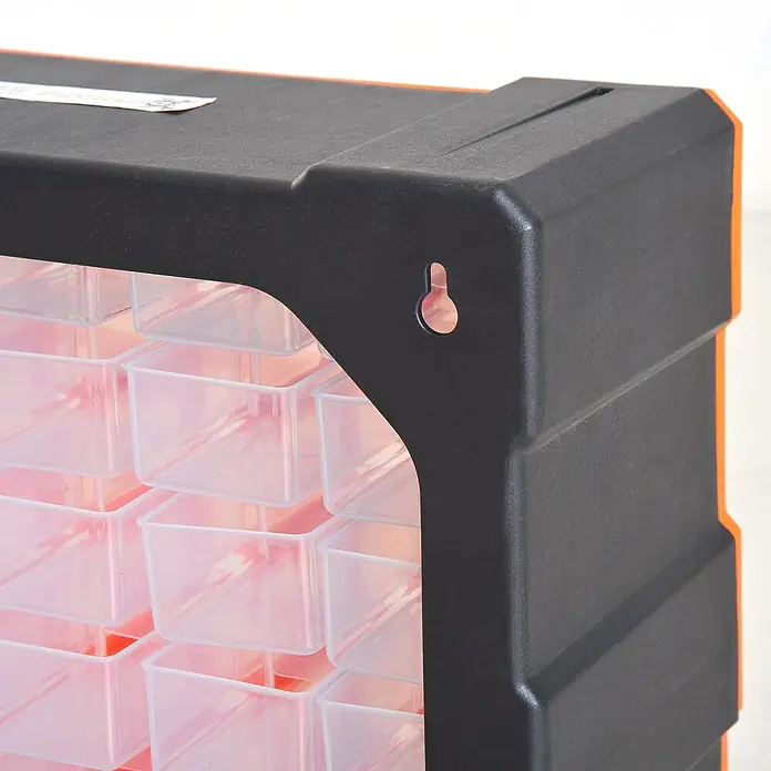Homcom Organizer - Orange, Schwarz - Schwarz-oranger Kleinteile-Organizer mit transparenten Schubladen und Schlüsselloch-Wandbefestigung.