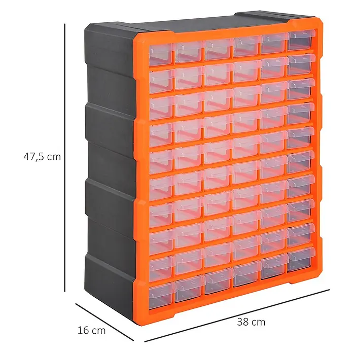 Homcom Organizer - Orange, Schwarz - Orange-schwarzer Kunststoff-Organizer mit vielen transparenten Schubladen für Kleinteile, 47,5x38x16 cm.