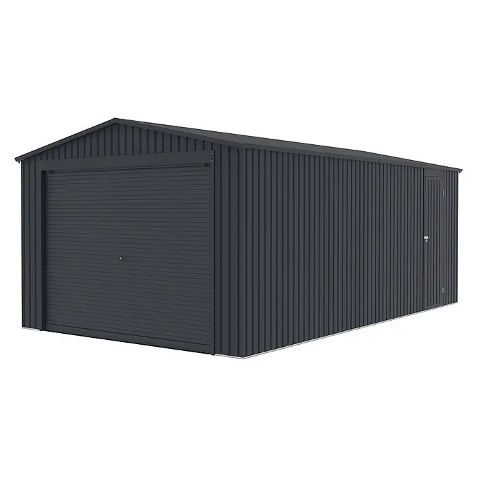 StarLine Metall Garage NovaRoll 18,65 m² - Metall, Anthrazit - Dunkelgrauer Metallschuppen mit Rolltor und Seiteneingang. Wellblechkonstruktion zur Lagerung.