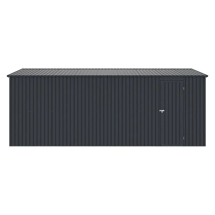 StarLine Metall Garage NovaRoll 18,65 m² - Metall, Anthrazit - Dunkelgrauer Geräteschuppen aus Wellblech mit einer Tür und Riegel, ideal für den Außenbereich.