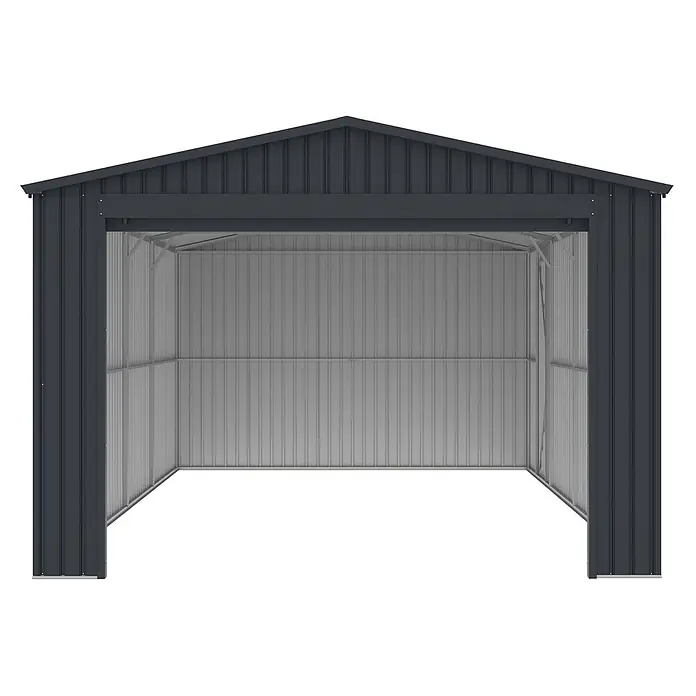 StarLine Metall Garage NovaRoll 18,65 m² - Metall, Anthrazit - Offener Metall-Carport in Dunkelgrau mit hellgrauen Wellblech-Innenwänden, bietet robusten Fahrzeug- oder Lagerschutz.