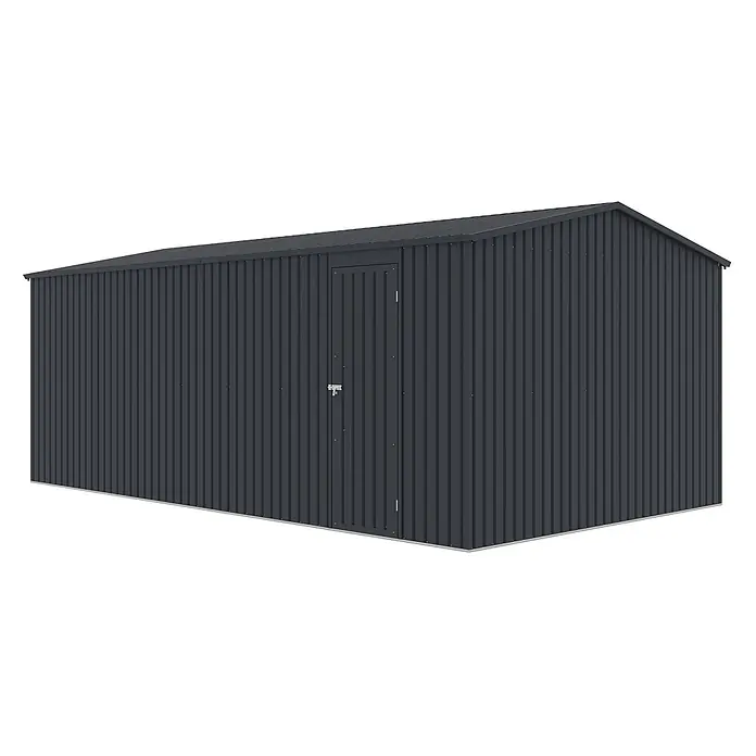StarLine Metall Garage NovaRoll 18,65 m² - Metall, Anthrazit - Dunkelgrauer Metall-Geräteschuppen mit Wellblechdach und Einzeltür mit Riegel.
