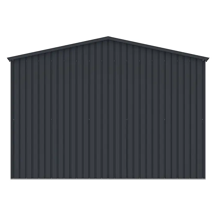 StarLine Metall Garage NovaRoll 18,65 m² - Metall, Anthrazit - Dunkelgraue Metallwand mit Giebeldach für ein Gartenhaus.