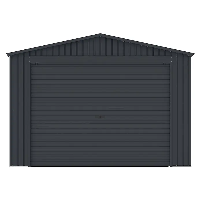 StarLine Metall Garage NovaRoll 18,65 m² - Metall, Anthrazit - Dunkelgrauer Metallgerätehaus mit Rolltor und Giebeldach.