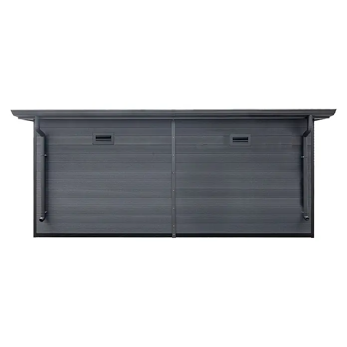 Fjordholz Gartenhaus Panorama 13,44 m² - Außenmaß inkl. Dachüberstand (B x T): 471 x 354 cm, Aluminium, Anthrazit/grau - Dunkelgraue, horizontal verkleidete Außenwand eines Schuppens oder einer Garage mit zwei Lüftungsöffnungen, Dachrinne und Fallrohren.