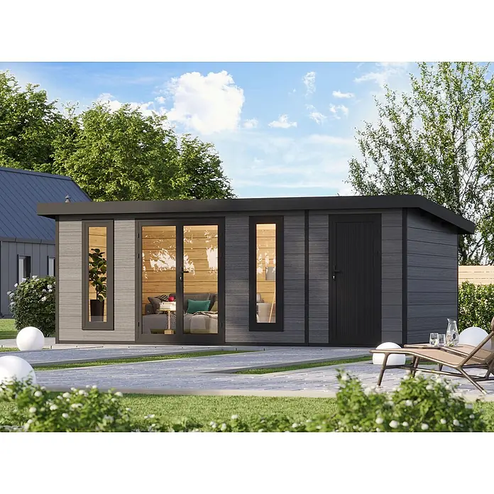 Fjordholz Gartenhaus Panorama 2-Raum - Außenmaß inkl. Dachüberstand (B x T): 618 x 355 cm, Aluminium, Anthrazit/grau - Modernes, dunkelgraues Gartenbüro mit Flachdach und Glastüren, auf einer Terrasse im Garten.