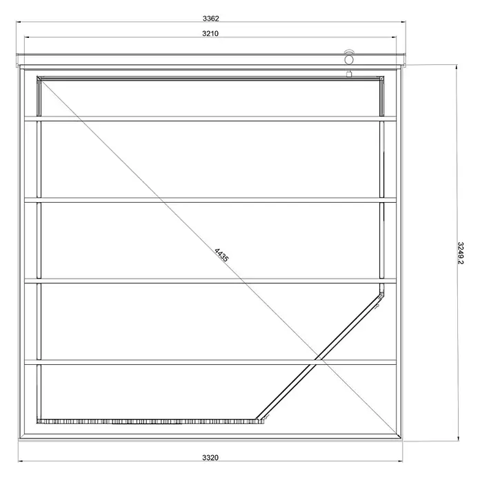 Fjordholz Gartenhaus Style Modern - Außenmaß inkl. Dachüberstand (B x T): 336 x 336 cm, Aluminium, Anthrazit/grau - Technische Zeichnung eines rechteckigen Schranks mit Regalböden und detaillierten Maßen.