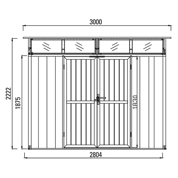 Fjordholz Gartenhaus Skylight Pent 6,10 m² - Außenmaß inkl. Dachüberstand (B x T): 300 x 223 cm, Aluminium, Schwarz / Grau - Ansicht von vorne eines Holzgeräteschuppens mit Doppeltür und Oberlichtern, inklusive Maßen.