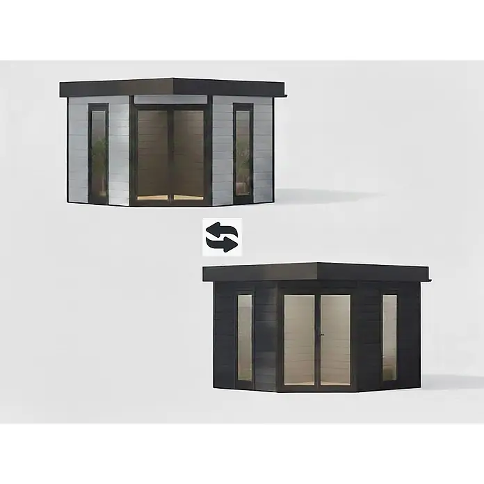 Fjordholz Gartenhaus Style Modern - Außenmaß inkl. Dachüberstand (B x T): 336 x 336 cm, Aluminium, Anthrazit/grau - Zwei moderne Gartenhäuser, eines hellgrau und eines dunkelgrau/schwarz, beide mit Glastüren und Fenstern.