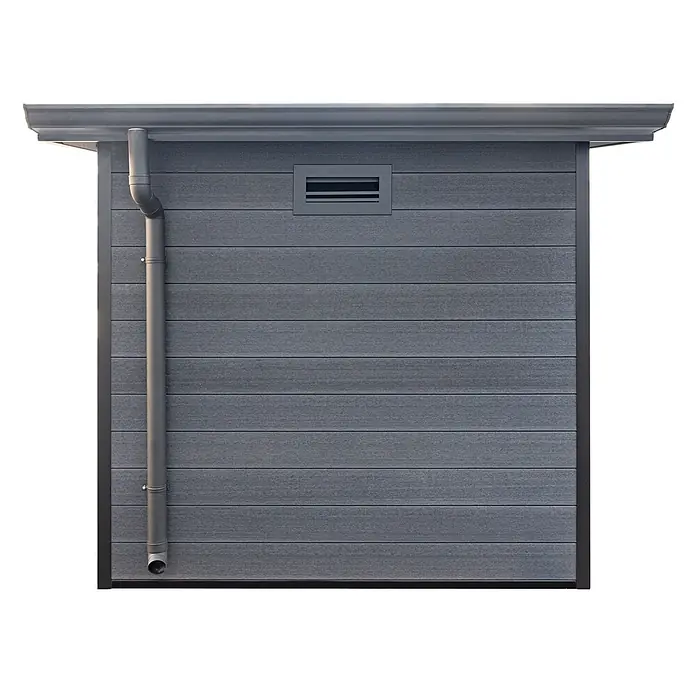 Fjordholz Gartenhaus Style DeLuxe 4,0 m² - Außenmaß inkl. Dachüberstand (B x T): 238 x 236 cm, Aluminium, Anthrazit/grau - Dunkelgraues, horizontal lamelliertes Außenlager mit Fallrohr und Lüftungsschlitz.
