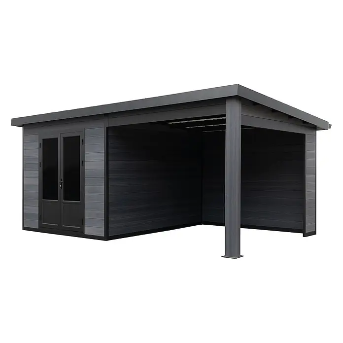 Fjordholz Gartenhaus Style DeLuxe - Außenmaß inkl. Dachüberstand (B x T): 571 x 327 cm, Aluminium, Anthrazit/grau - Dunkelgraues Gartenhaus aus Verbundwerkstoff mit Doppeltüren und angebautem Carport.