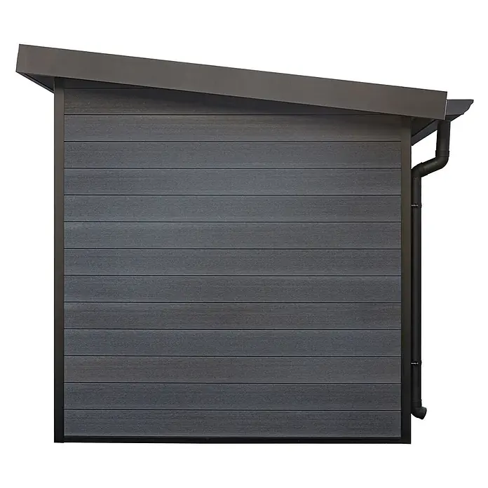 Fjordholz Gartenhaus Style DeLuxe 4,0 m² - Außenmaß inkl. Dachüberstand (B x T): 238 x 236 cm, Aluminium, Anthrazit/grau - Dunkelgrauer Schuppen mit horizontaler Paneelverkleidung, schrägem Dach und integriertem Rinnensystem.