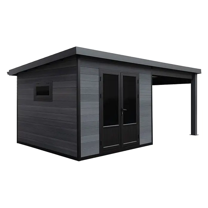Fjordholz Gartenhaus Style DeLuxe - Außenmaß inkl. Dachüberstand (B x T): 571 x 327 cm, Aluminium, Anthrazit/grau - Dunkelgrauer Geräteschuppen aus Verbundmaterial mit integriertem Anbaudach und Doppeltür.