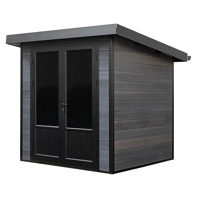 Fjordholz Gartenhaus Style DeLuxe 4,0 m² - Außenmaß inkl. Dachüberstand (B x T): 238 x 236 cm, Aluminium, Anthrazit/grau - Moderner, dunkelgrauer Geräteschuppen aus Verbundmaterial mit schwarzen Doppeltüren und Pultdach.