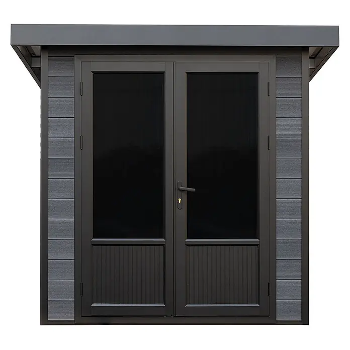 Fjordholz Gartenhaus Style DeLuxe 4,0 m² - Außenmaß inkl. Dachüberstand (B x T): 238 x 236 cm, Aluminium, Anthrazit/grau - Anthrazitfarbene Gartenhausfront mit dunkel verglasten Doppeltüren und gerillter Verbundplattenverkleidung.