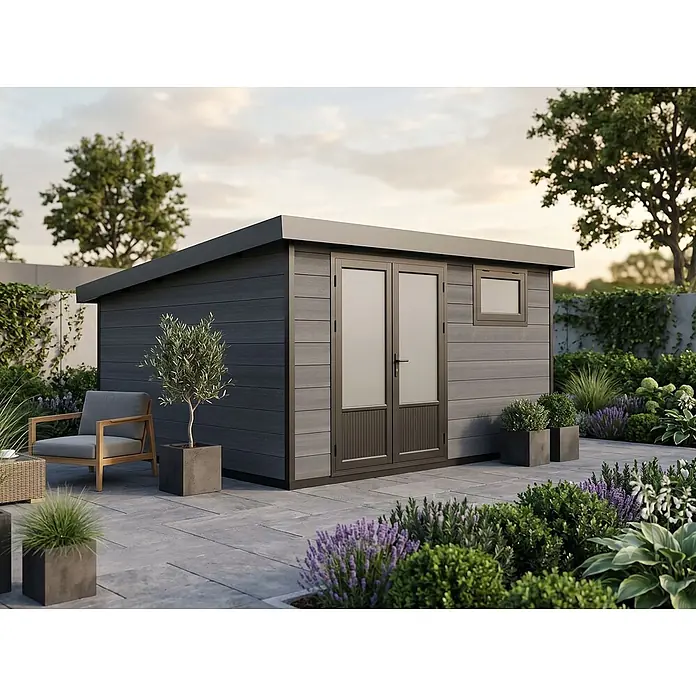 Fjordholz Gartenhaus Style DeLuxe 13,70 m² - Außenmaß inkl. Dachüberstand (B x T): 408 x 405 cm, Aluminium, Anthrazit/grau - Moderner dunkelgrauer Gartenpavillon mit Flachdach, Doppeltüren und kleinem Fenster, auf einer modernen Terrasse.