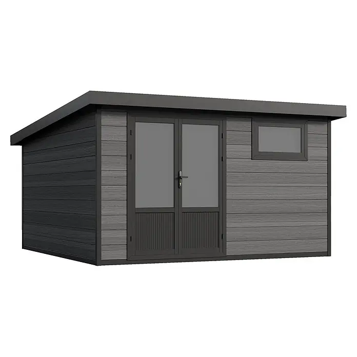 Fjordholz Gartenhaus Style DeLuxe 13,70 m² - Außenmaß inkl. Dachüberstand (B x T): 408 x 405 cm, Aluminium, Anthrazit/grau - Moderner, dunkelgrauer und grauer Schuppen mit Holzoptik-Verbundverkleidung, Doppeltüren und Fenster.