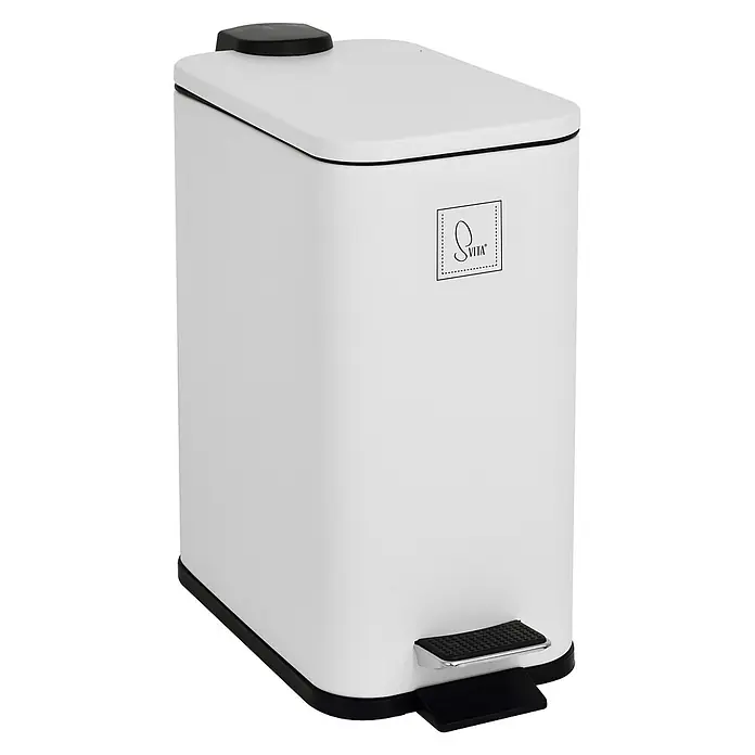 SVITA Treteimer ST5 - 5 l, Metall, Weiß - Weißer rechteckiger Treteimer mit schwarzem Deckelgriff, Sockel und Fußpedal, mit Markenlogo auf der Vorderseite.
