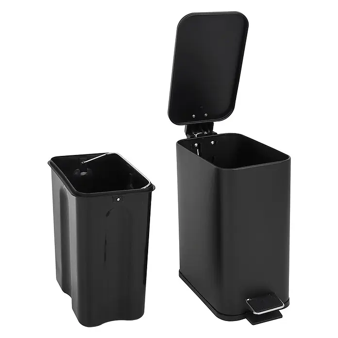 SVITA Treteimer ST5 - 5 l, Metall, Schwarz - Schwarzer Treteimer mit geöffnetem Deckel, herausnehmbarem Inneneimer und Fußpedal.