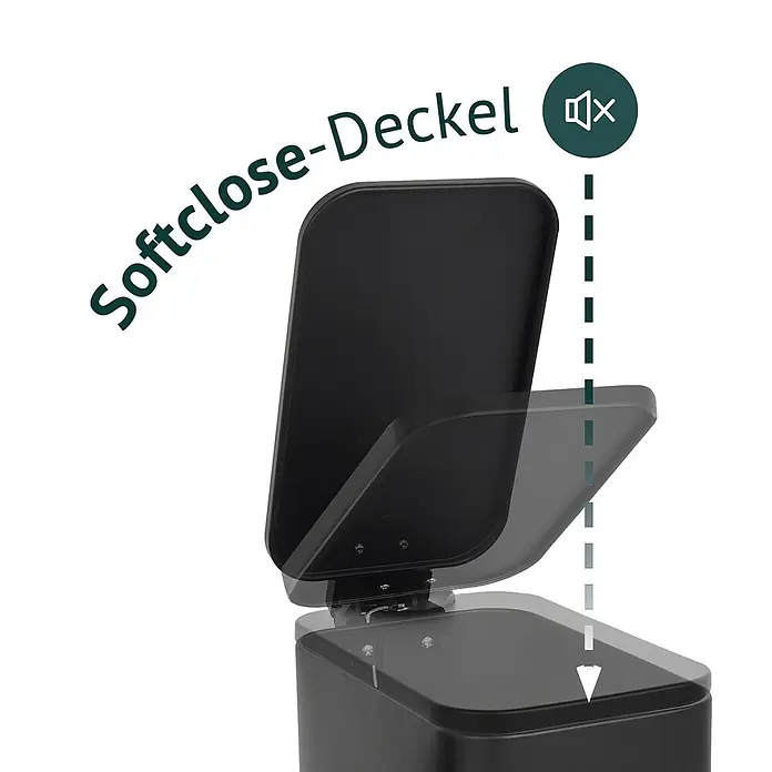 SVITA Treteimer ST5 - 5 l, Metall, Schwarz - Schwarzer Soft-Close Mülleimerdeckel, leise schließend dargestellt mit Stummschalt-Symbol und gepunkteter Linie.