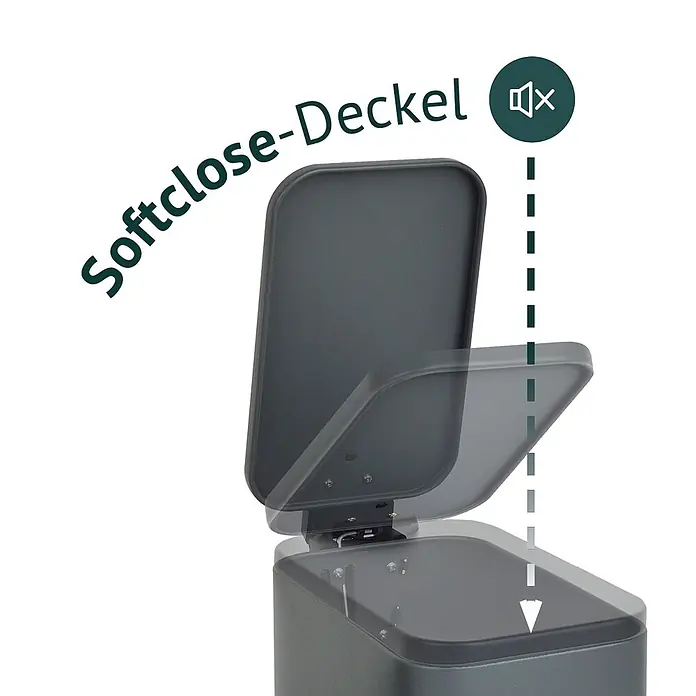 SVITA Treteimer ST5 - 5 l, Metall, Grau - Dunkelgrauer Soft-Close-Deckel für einen Mülleimer, in Bewegung dargestellt, um den leisen Schließmechanismus zu zeigen.