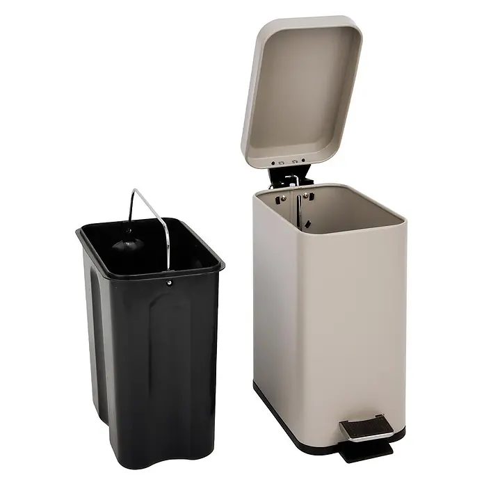 SVITA Treteimer STM5 - 5 l, Metall, Beige - Hellgrauer Treteimer mit offenem Deckel, daneben schwarzer Kunststoffeinsatz mit Metallgriff.
