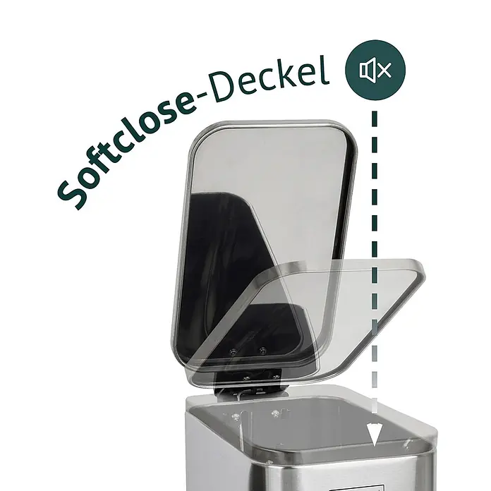 SVITA Treteimer ST5 - 5 l, Metall, Silber - Silberner Softclose-Deckel eines Mülleimers senkt sich langsam, mit lautlos-Symbol.